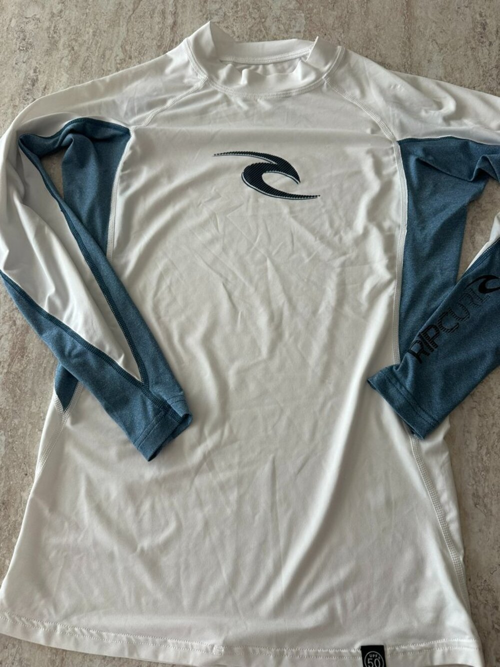 Rip Curl UPF 50+ Rash Guard Surf Swim Shirt White Blue Long Sleeve Men's M